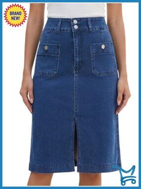 High Waisted Stretchy Denim Jean Skirt Below Knee Pencil
